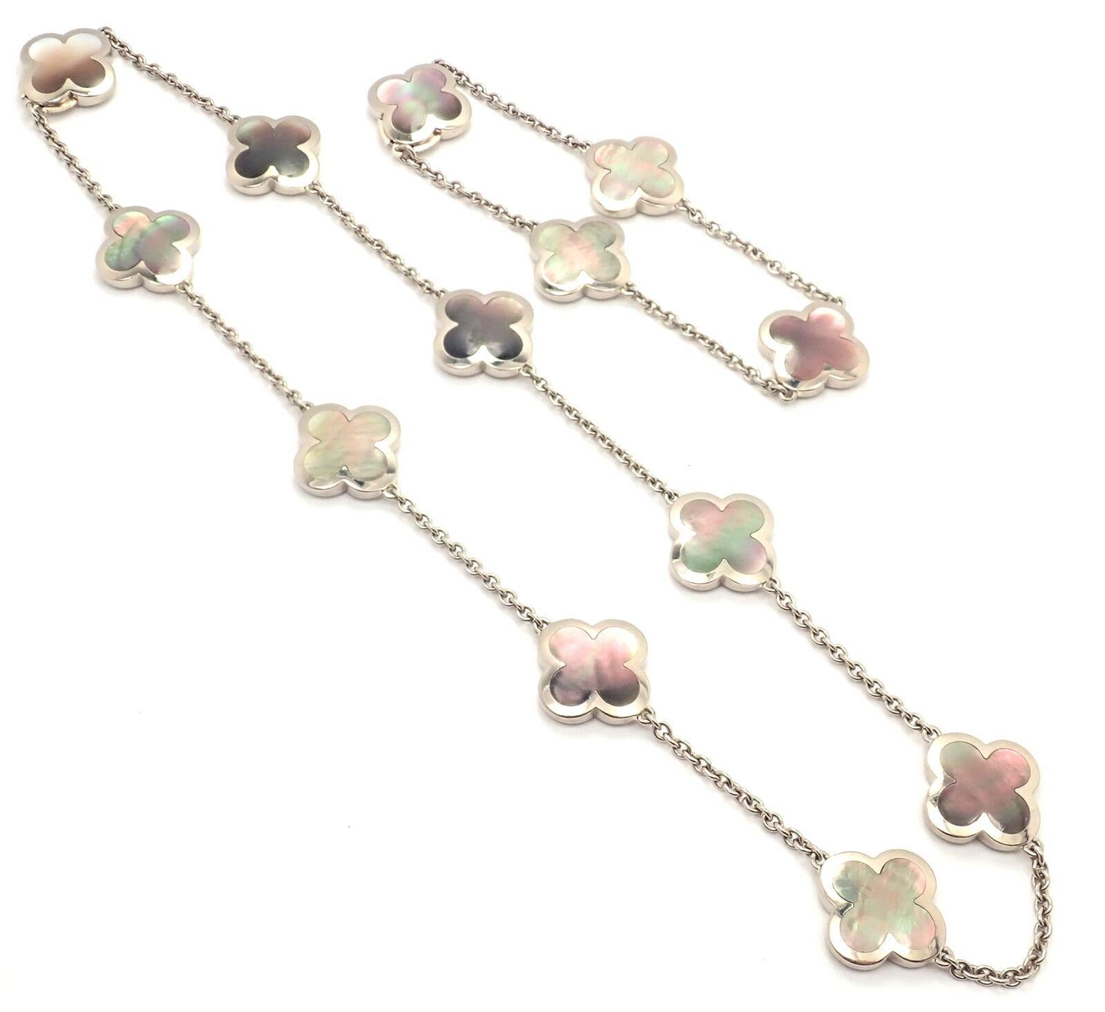 18k White Gold Pure Alhambra 9 Motifs Gray Mother Of Pearl Necklace And 4 Motifs Pure Gray Mother Of Pearl bracelet by Van Cleef & Arpels.
With 13 (9 on a necklace and 4 on a bracelet) motifs gray mother of pearl Alhambra 16mm each 
Details:
Length: