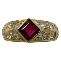 Van Cleef & Arpels Rare Vintage Square Cut Ruby & Diamond 18k Yellow Gold Ring