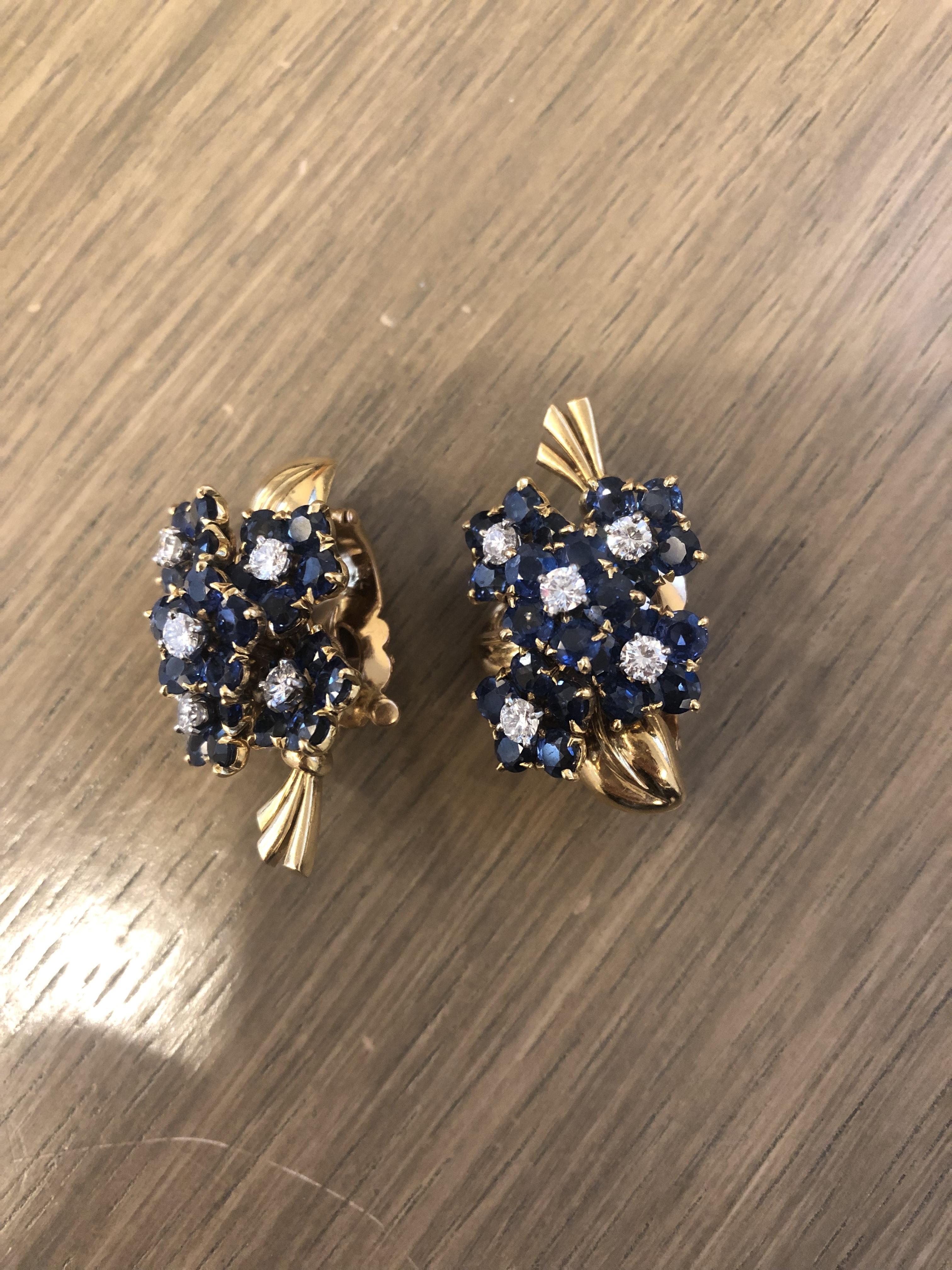 Brilliant Cut Van Cleef & Arpels Retro Gold, Diamond and Sapphire Bouquet Earrings