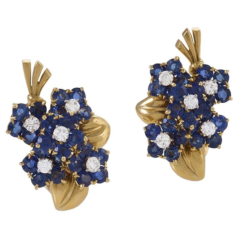 Van Cleef & Arpels Retro Gold, Diamond and Sapphire Bouquet Earrings