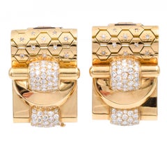 Van Cleef & Arpels Retro  Ludo Hexagone Diamond Gold Double Clips