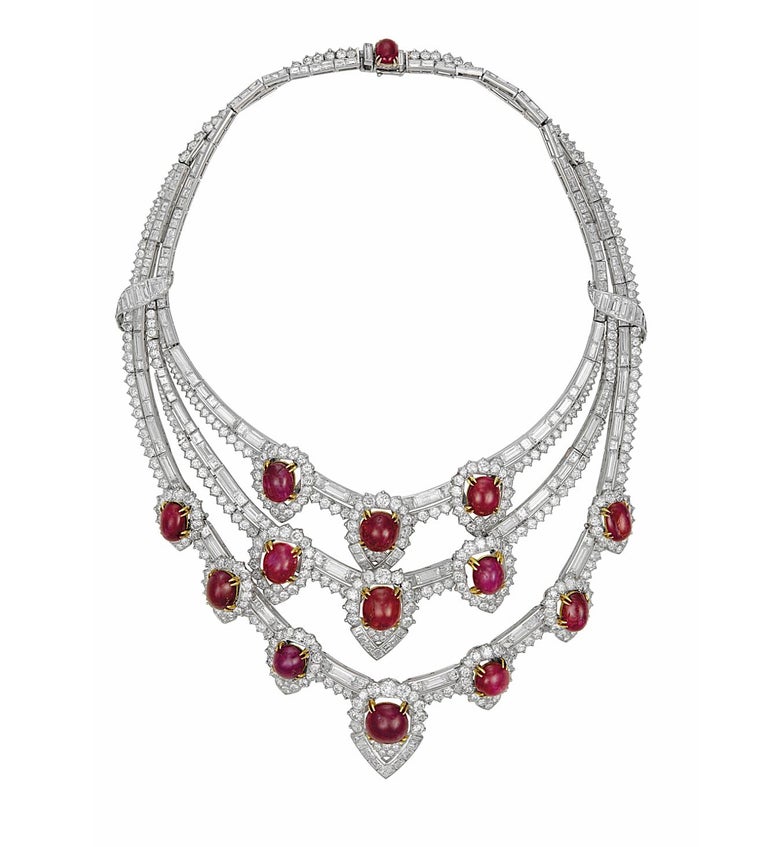 Mixed Cut The Estee Lauder Van Cleef & Arpels Important Retro Ruby Diamond Necklace For Sale