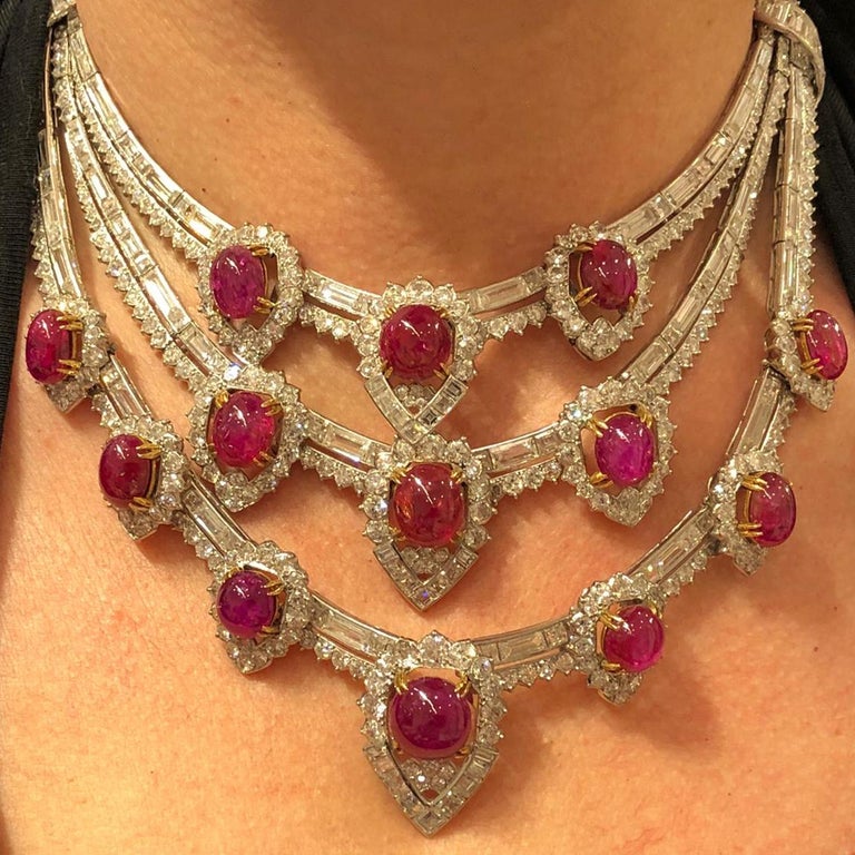The Estee Lauder Van Cleef & Arpels Important Retro Ruby Diamond Necklace In Good Condition For Sale In New York, NY