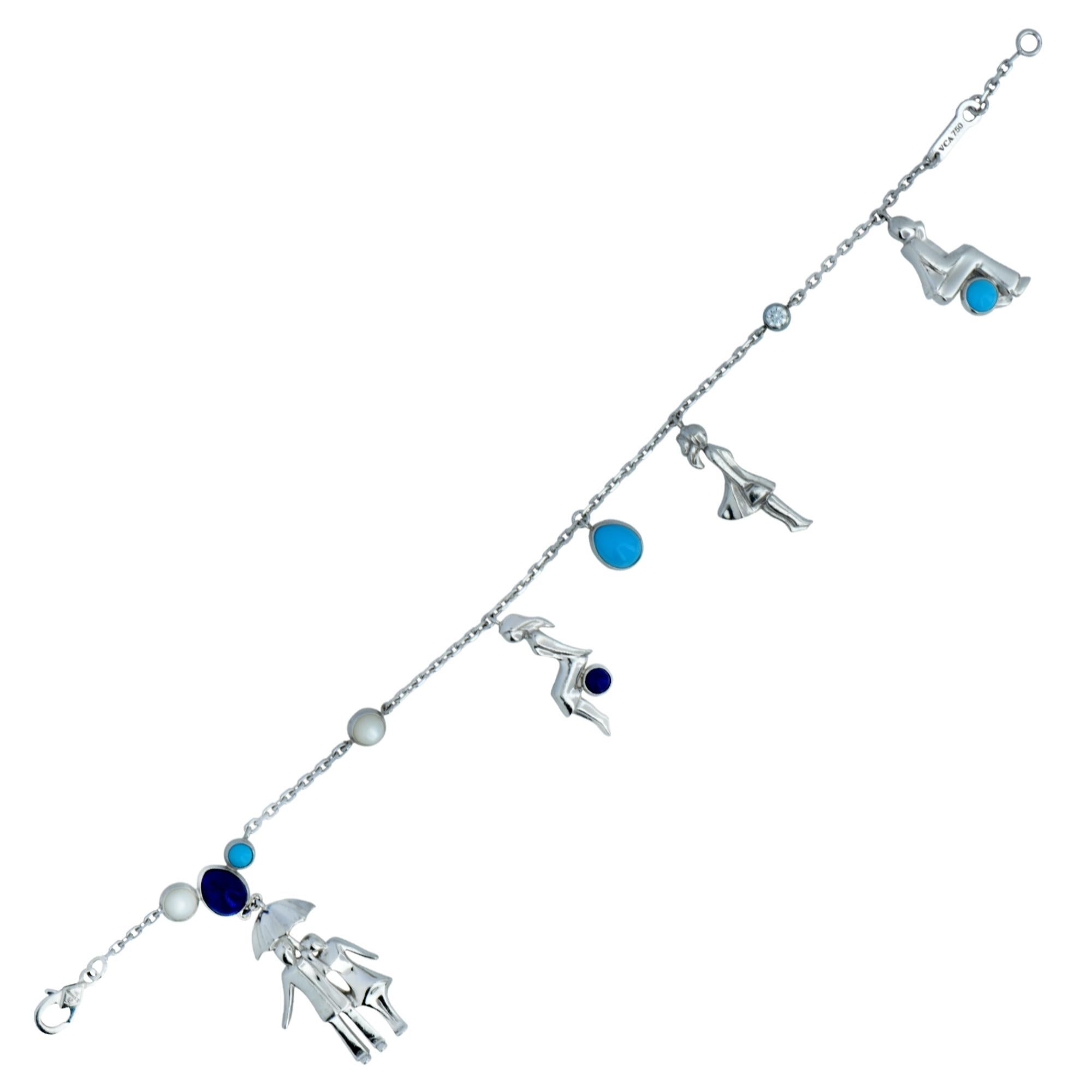This delightful bracelet from Van Cleef & Arpels’ Romance a Paris Collection, showcases scenes of life, love and romance. The scenes are brought to life in 18 karat white gold, diamond, lapis, turquoise and moon stone, showcasing Van Cleef & Arpels