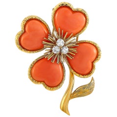 Van Cleef & Arpels Rose de Noël 18 Karat Yellow Gold Diamond and Coral Brooch