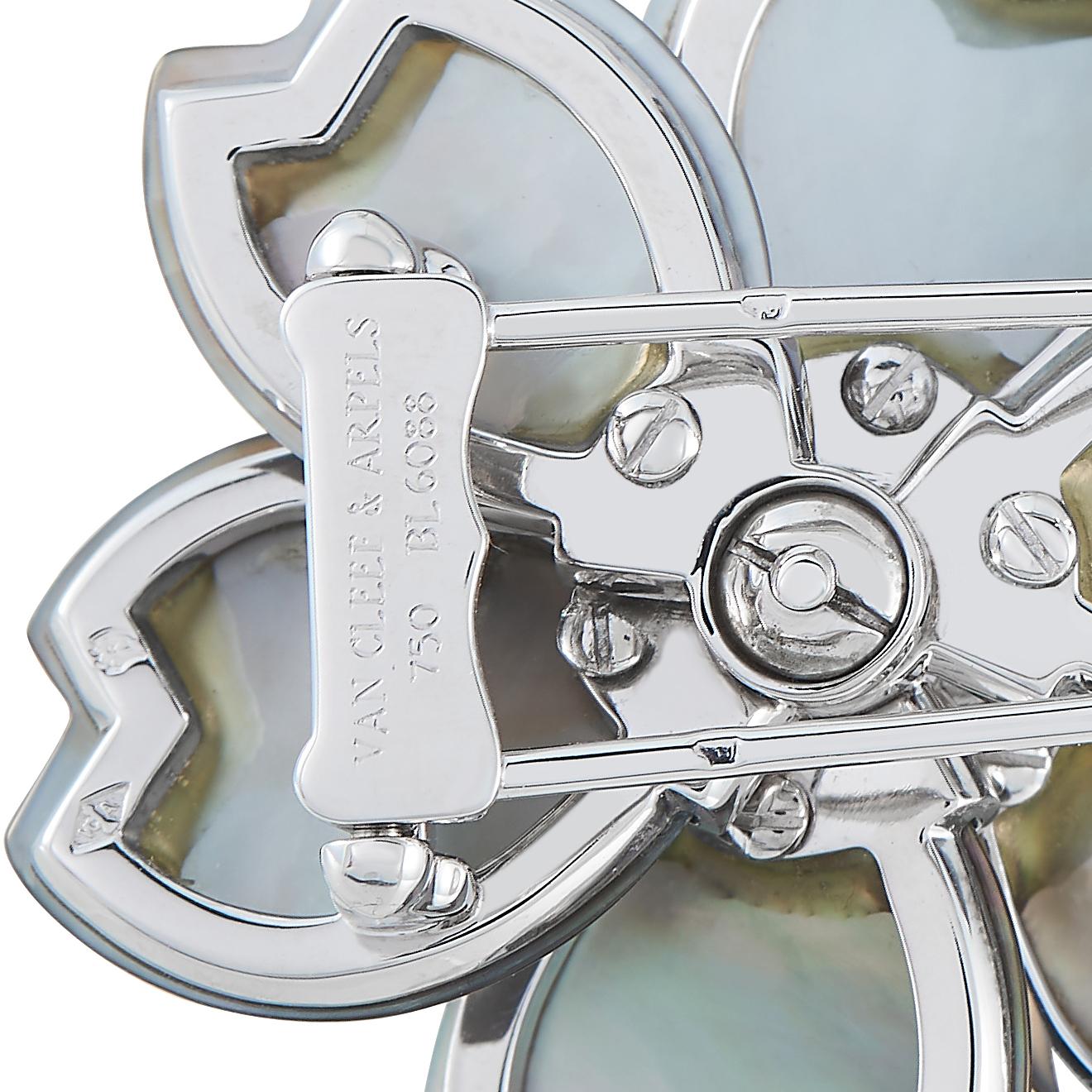 Round Cut Van Cleef & Arpels Rose de Noel 18K Gold 0.48ct Diamond Mother of Pearl Brooch For Sale