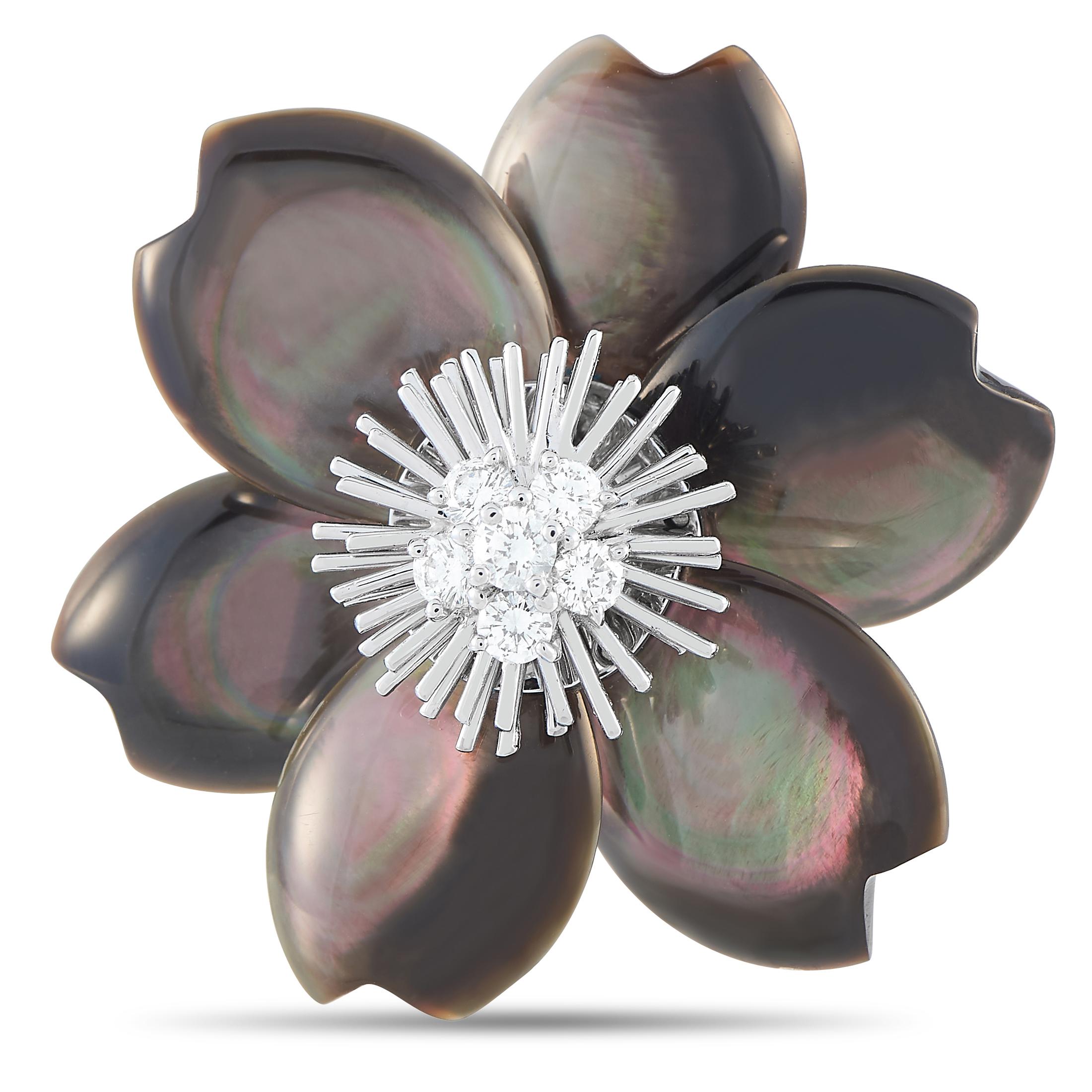 Van Cleef & Arpels Rose de Noel 18K Gold 0.48ct Diamond Mother of Pearl Brooch In Excellent Condition For Sale In Southampton, PA