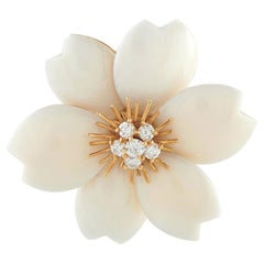 Van Cleef & Arpels Rose de Noel 18K Gold 0.50ct Diamond & White Coral Brooch