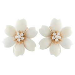 Van Cleef & Arpels Rose de Noel 18K Gold 0.97ct Diamond & White Coral Earrings