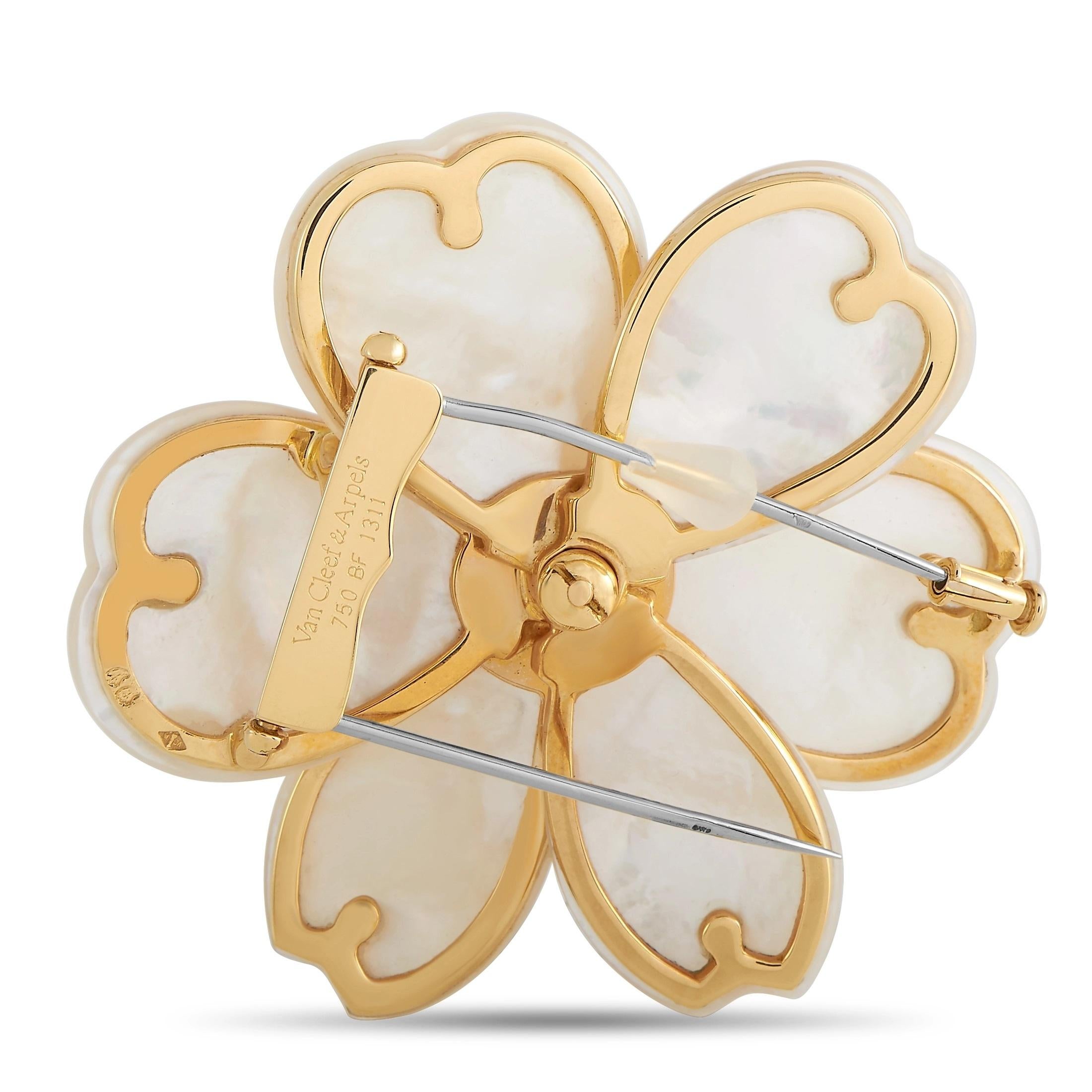 Add this Van Cleef & Arpels Rose De Noel brooch to any ensemble to instantly increase the luxury. This flower-shaped pin comes to life thanks to captivating Mother of Pearl “petals,” which extend from an 18K Yellow Gold center adorned with 1.54