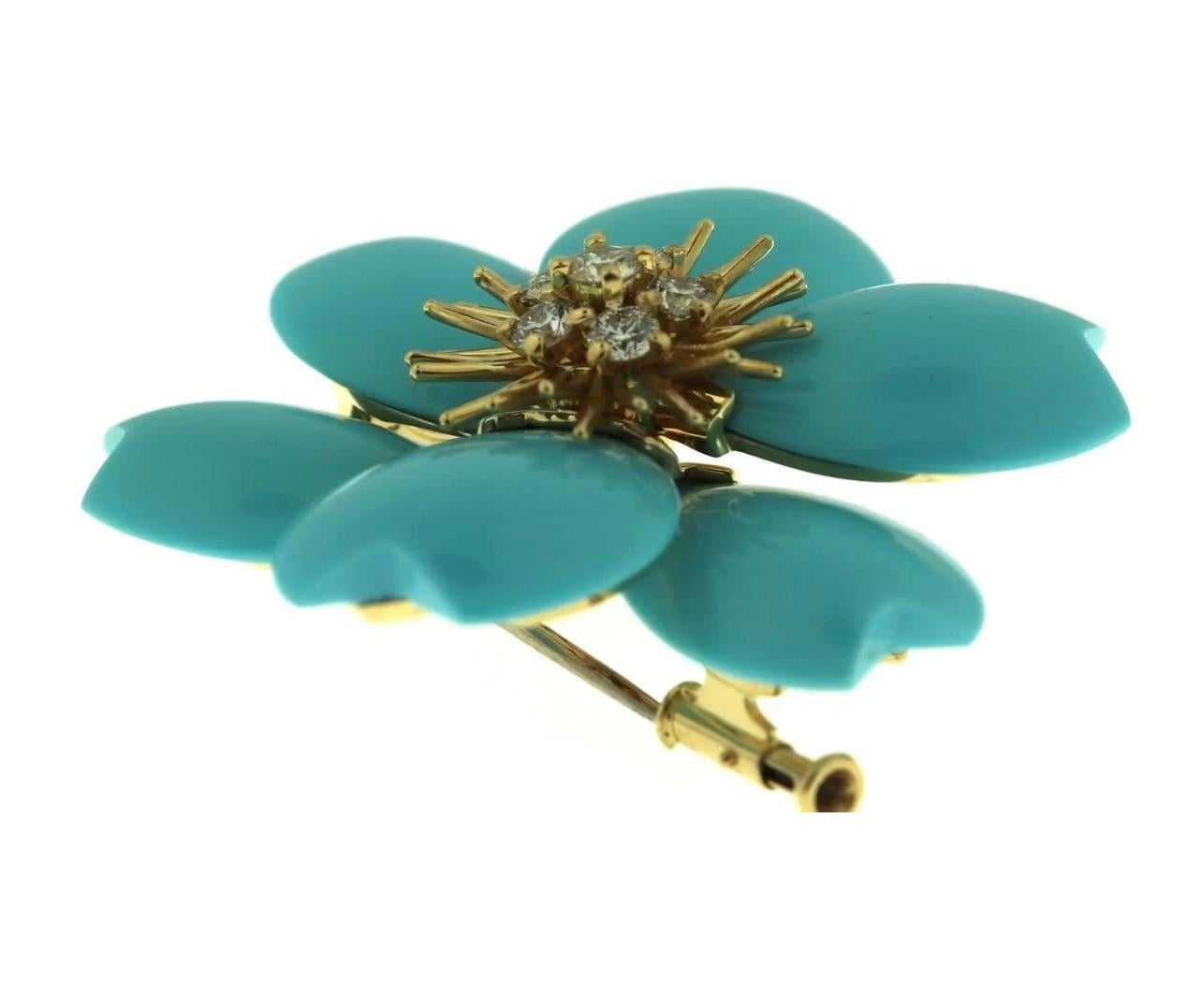 Beautiful and ultra rare Van Cleef & Arpels Rose De Noel yellow gold diamonds and turquoise brooch . This incredible piece is a symbol of beauty and romance . It can be worn as a brooch or as a pendant with your own chain . This item is unworn and