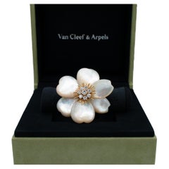Van Cleef & Arpels 'Rose de Noel' Clip, Mother of Pearl Diamond Gold Brooch
