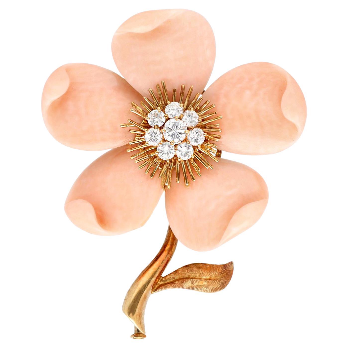 VAN CLEEF & ARPELS Rose De Noel Coral and Diamond Brooch