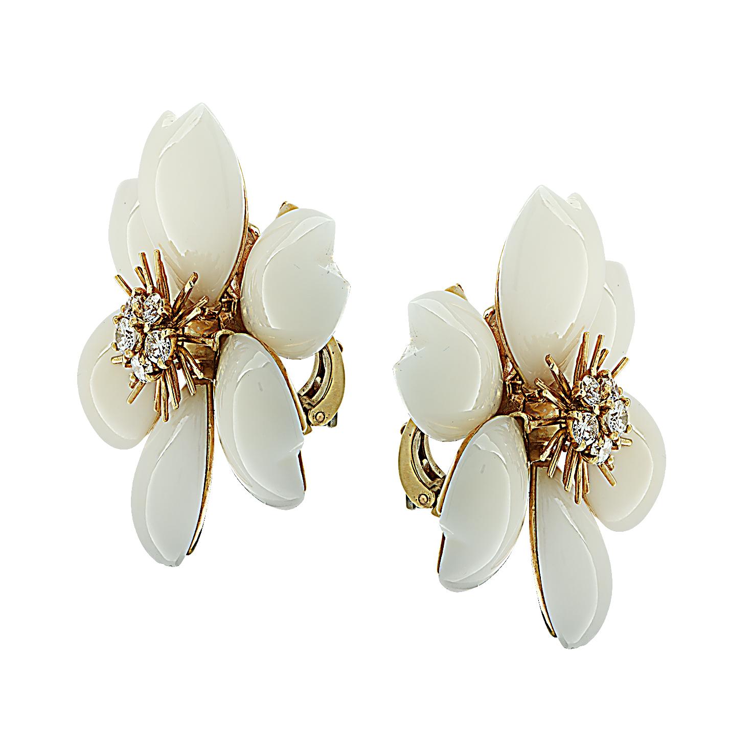 Modern Van Cleef & Arpels Rose De Noel Coral and Diamond Earrings