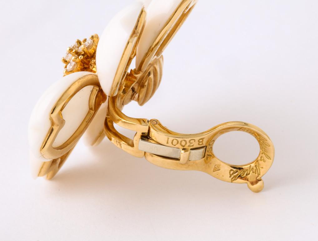 Van Cleef & Arpels Rose de Noel Coral Diamond Gold Earrings 2