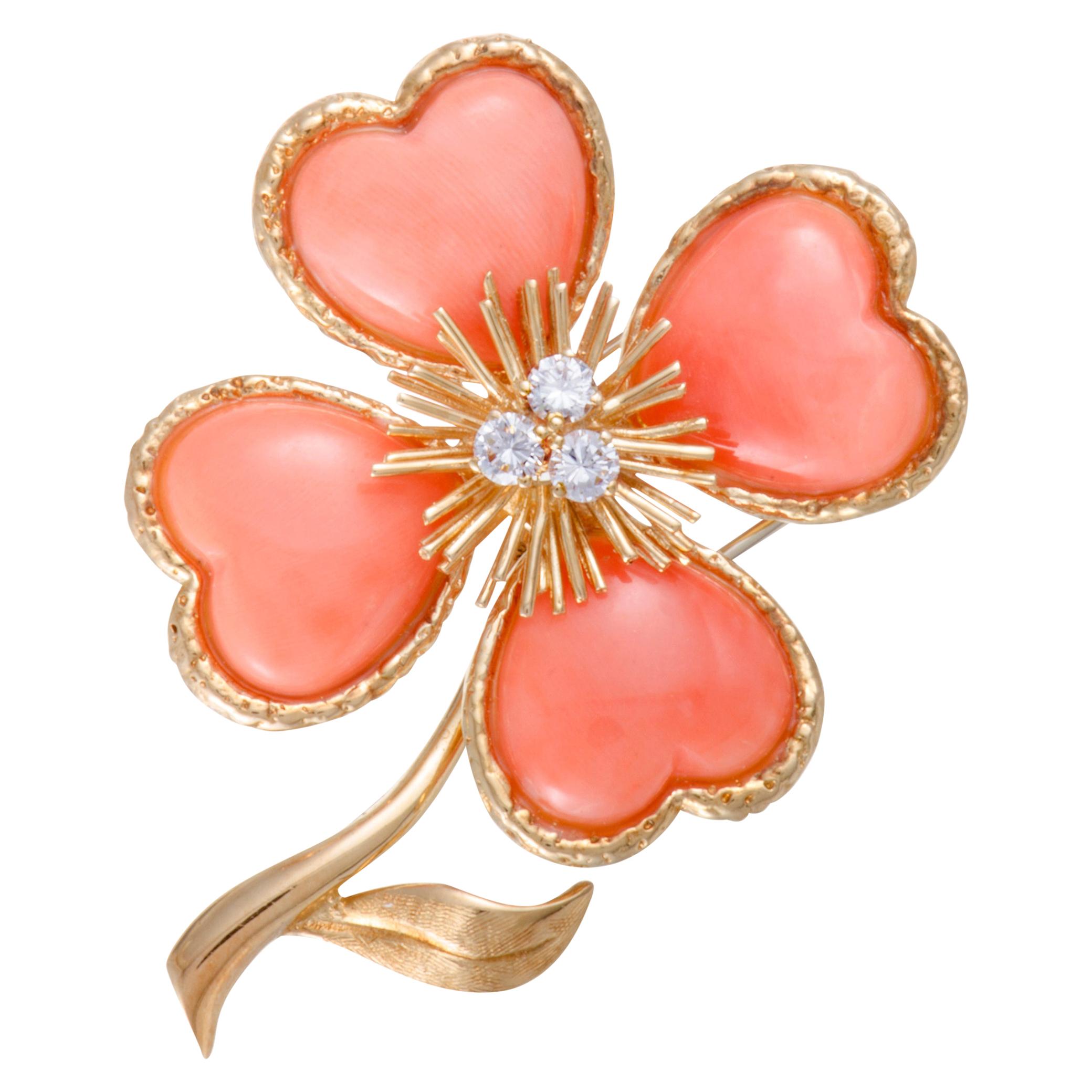 Van Cleef & Arpels Rose de Noël Coral Diamond Yellow Gold Brooch