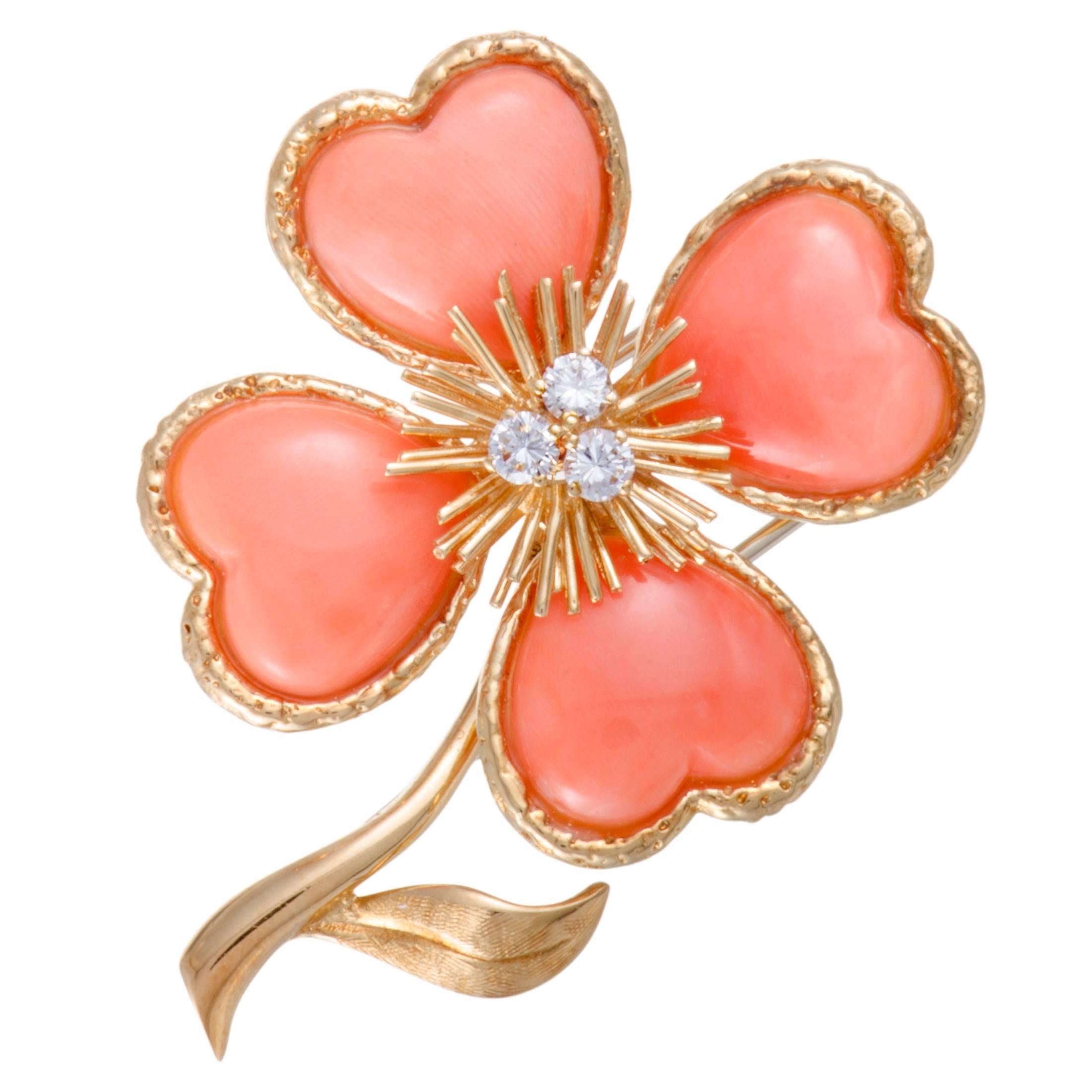 Van Cleef & Arpels Rose de Noël Coral Diamond Yellow Gold Brooch