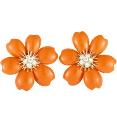 Van Cleef & Arpels Rose de Noël Diamond and Coral Yellow Gold Earrings