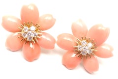 Van Cleef & Arpels Rose de Noel Diamond Coral Flower Yellow Gold Earrings