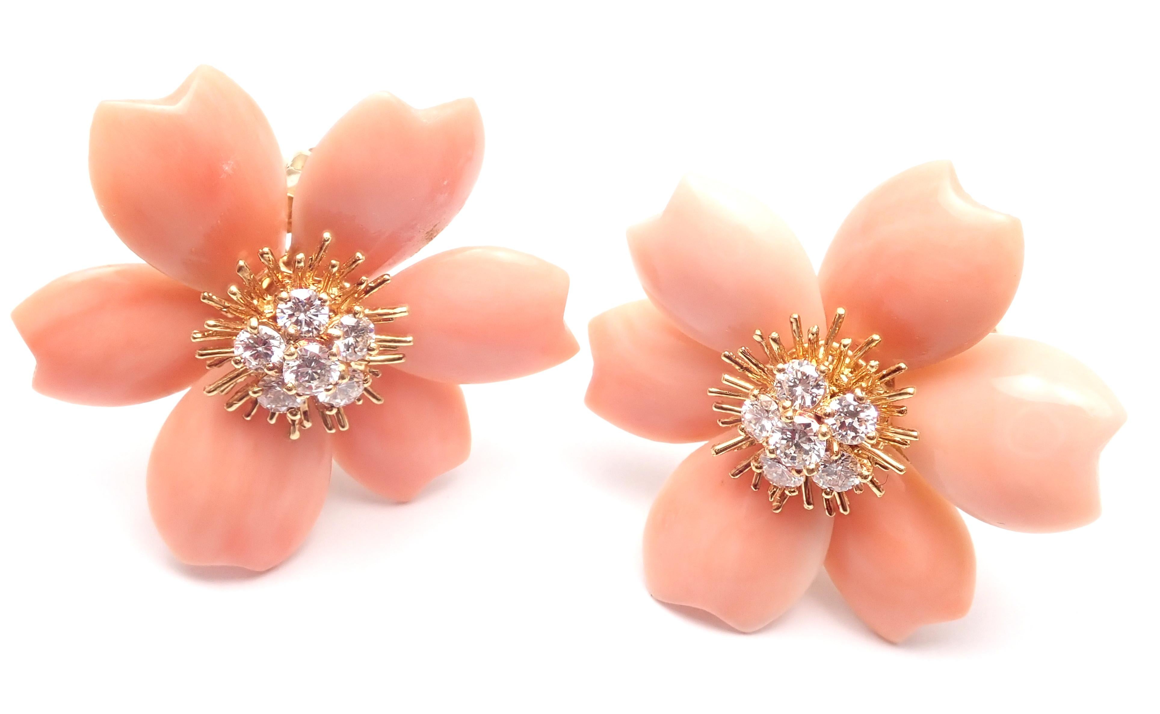 Van Cleef & Arpels Rose de Noel Diamond Coral Flower Yellow Gold Earrings 3