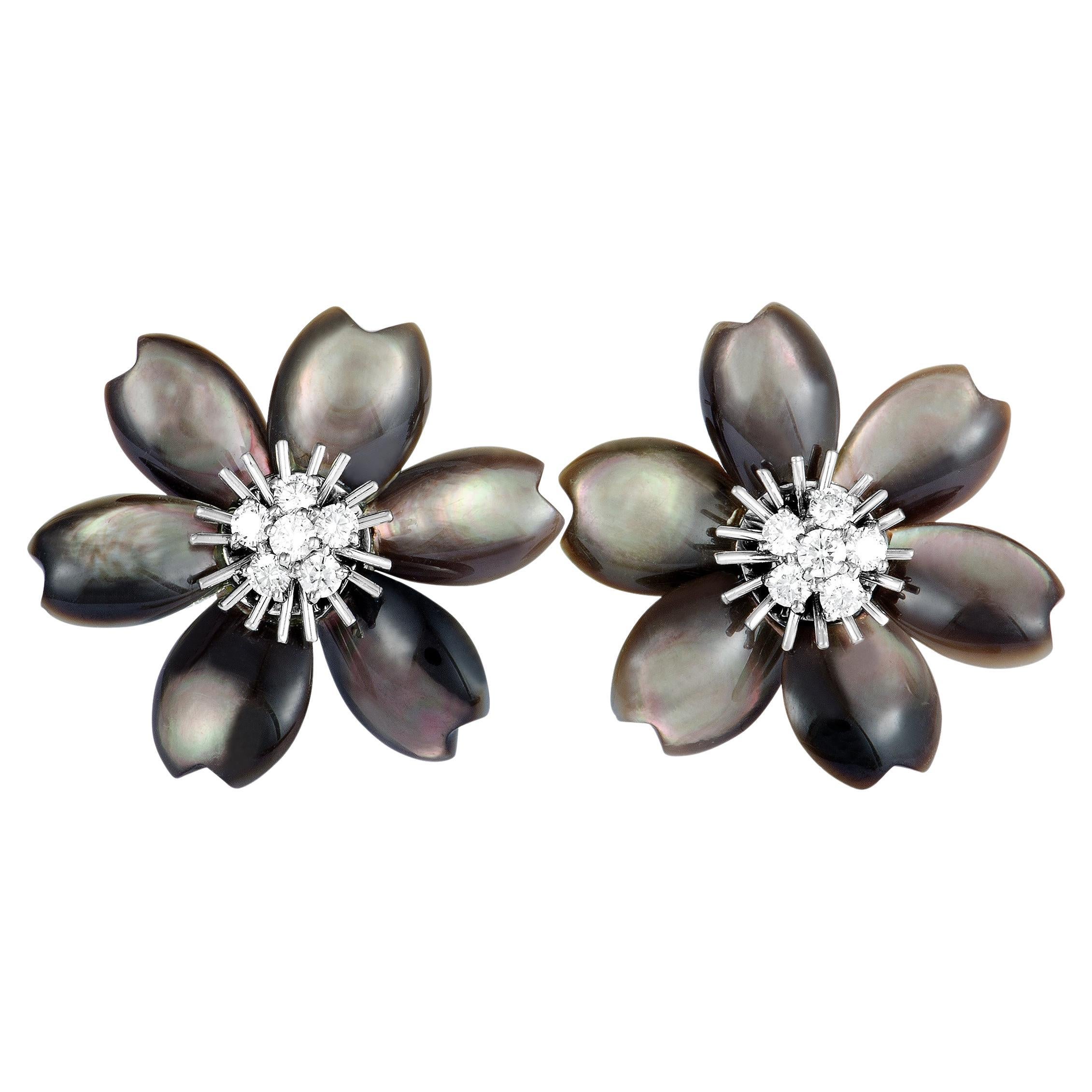 Van Cleef & Arpels Rose de Noël Diamond & Gray Mother of Pearl Earrings