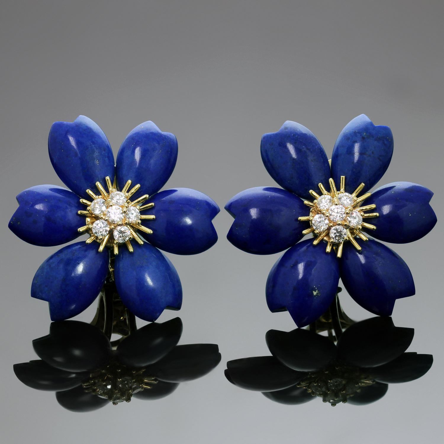 These sophisticated earrings from the iconic Rose De Noel collection by Van Cleef & Arpels are crafted in 18k yellow gold and feature delicate flower design composed of blue lapis lazuli petals and sparkling centers prong-set with brilliant-cut