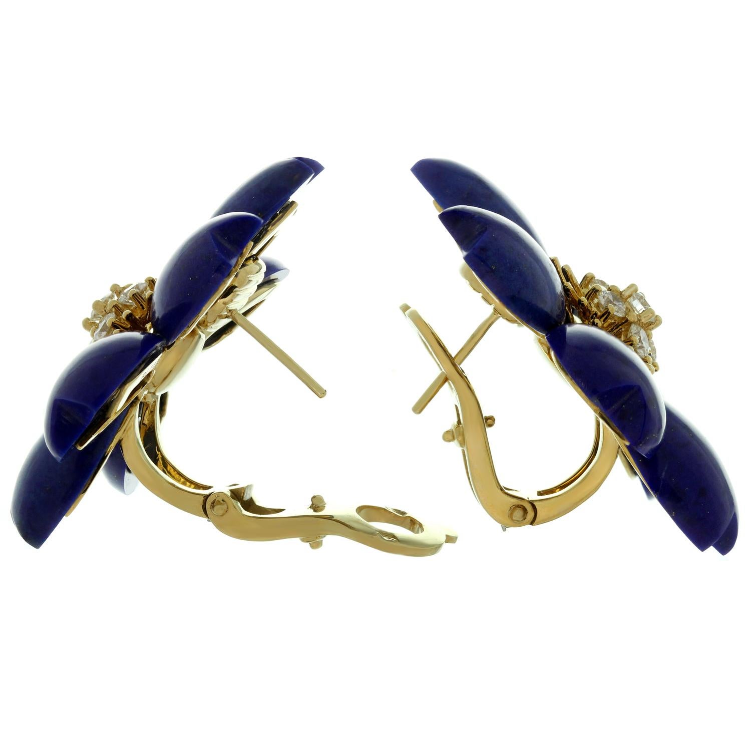 Women's Van Cleef & Arpels Rose De Noel Lapis Lazuli Diamond Yellow Gold Earrings