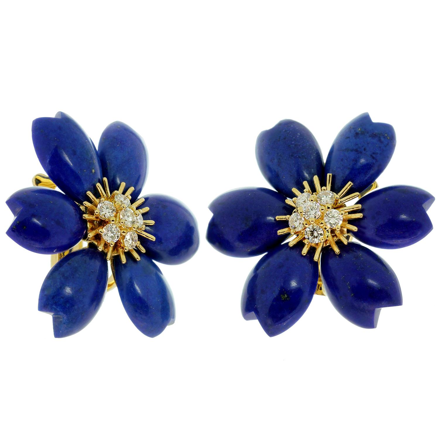 Van Cleef & Arpels Rose De Noel Lapis Lazuli Diamond Yellow Gold Earrings 3