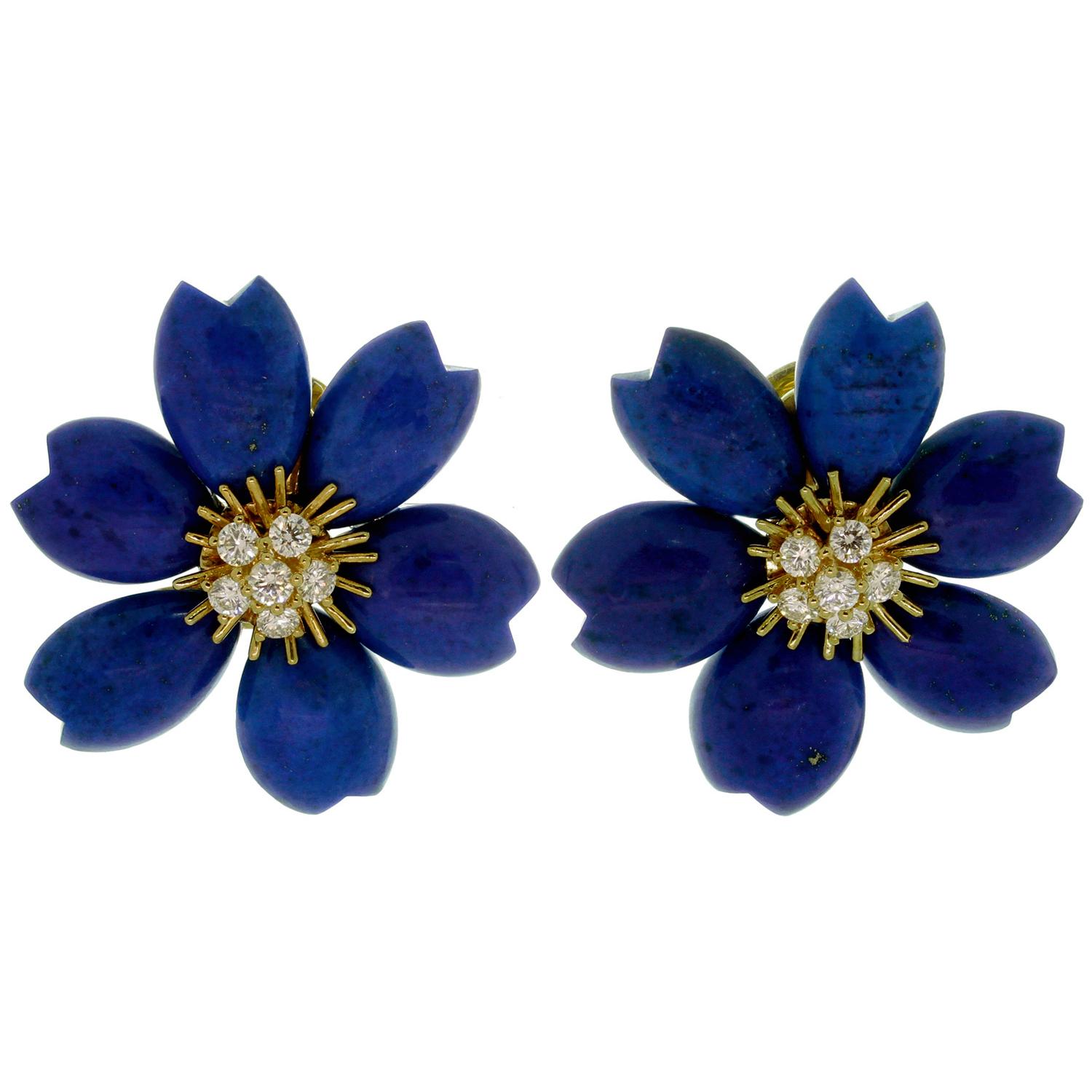 Van Cleef & Arpels Rose De Noel Lapis Lazuli Diamond Yellow Gold Earrings
