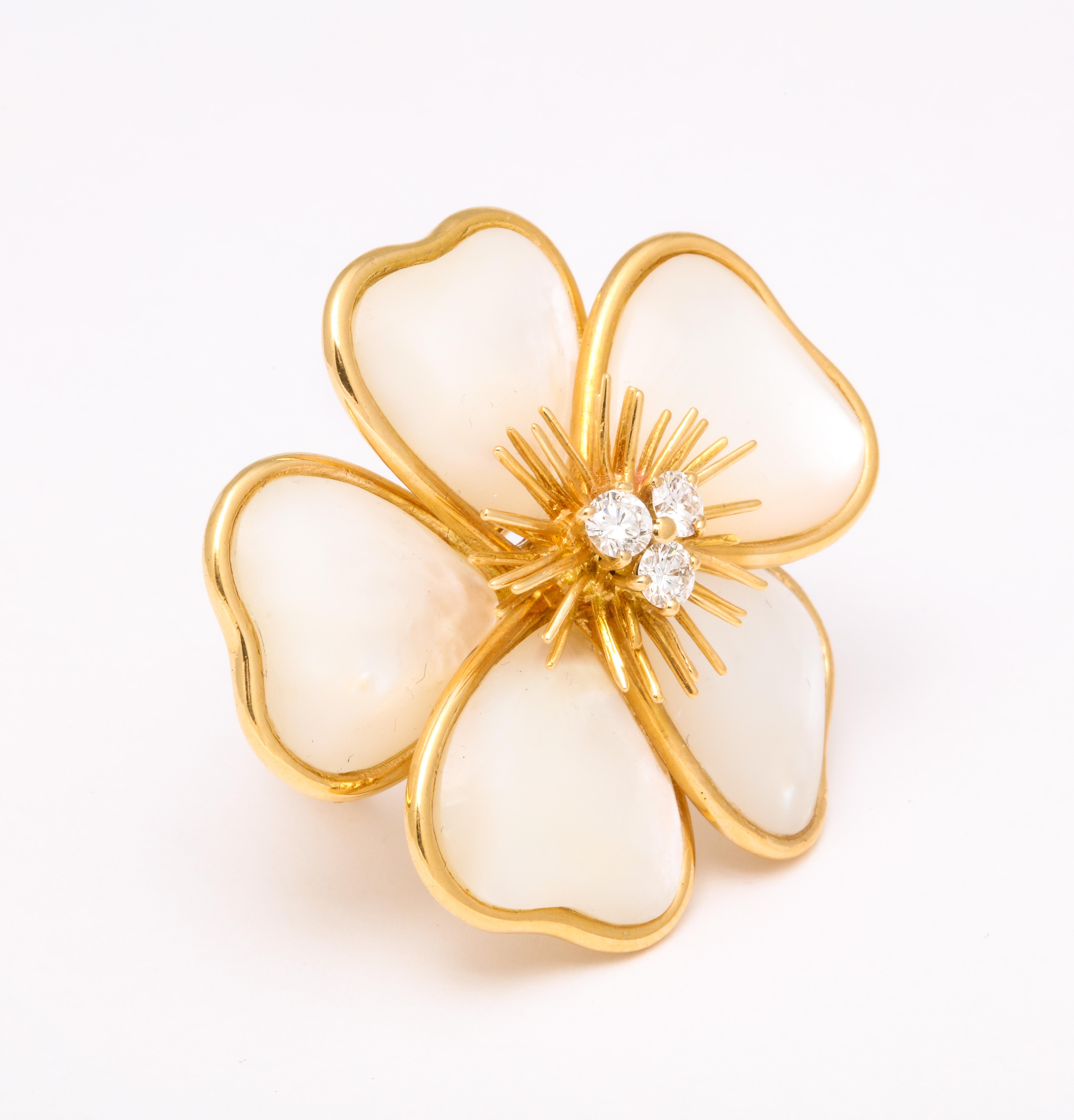 Women's or Men's Van Cleef & Arpels Rose de Noel Mother of Pearl Diamond Gold Ring