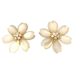 Van Cleef & Arpels Rose De Noel Mother of Pearl Gold and Diamond Flower Earrings