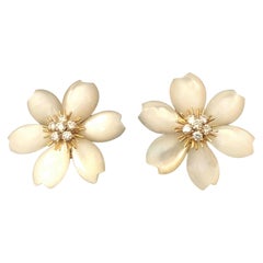 Van Cleef & Arpels Rose De Noel Mother of Pearl Gold and Diamond Flower Earrings