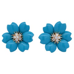 Van Cleef & Arpels Rose de Noel Turquoise Diamond 18kYG Earrings Box & Papers