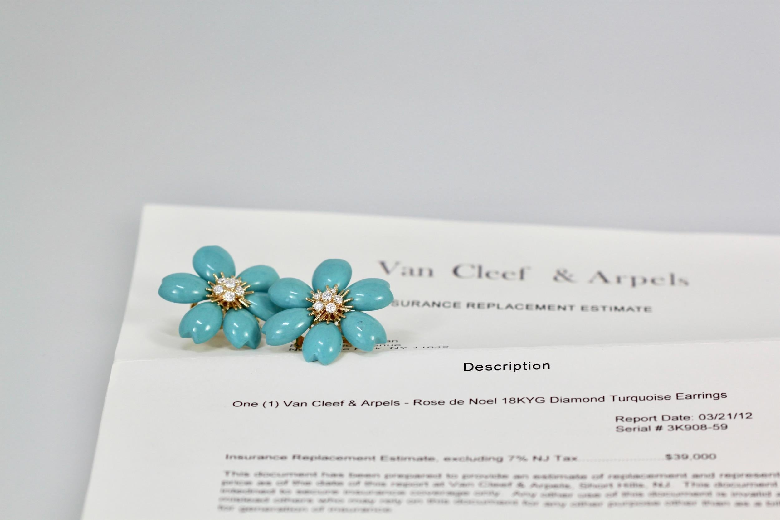 Round Cut Van Cleef & Arpels Rose de Noel Turquoise Earrings