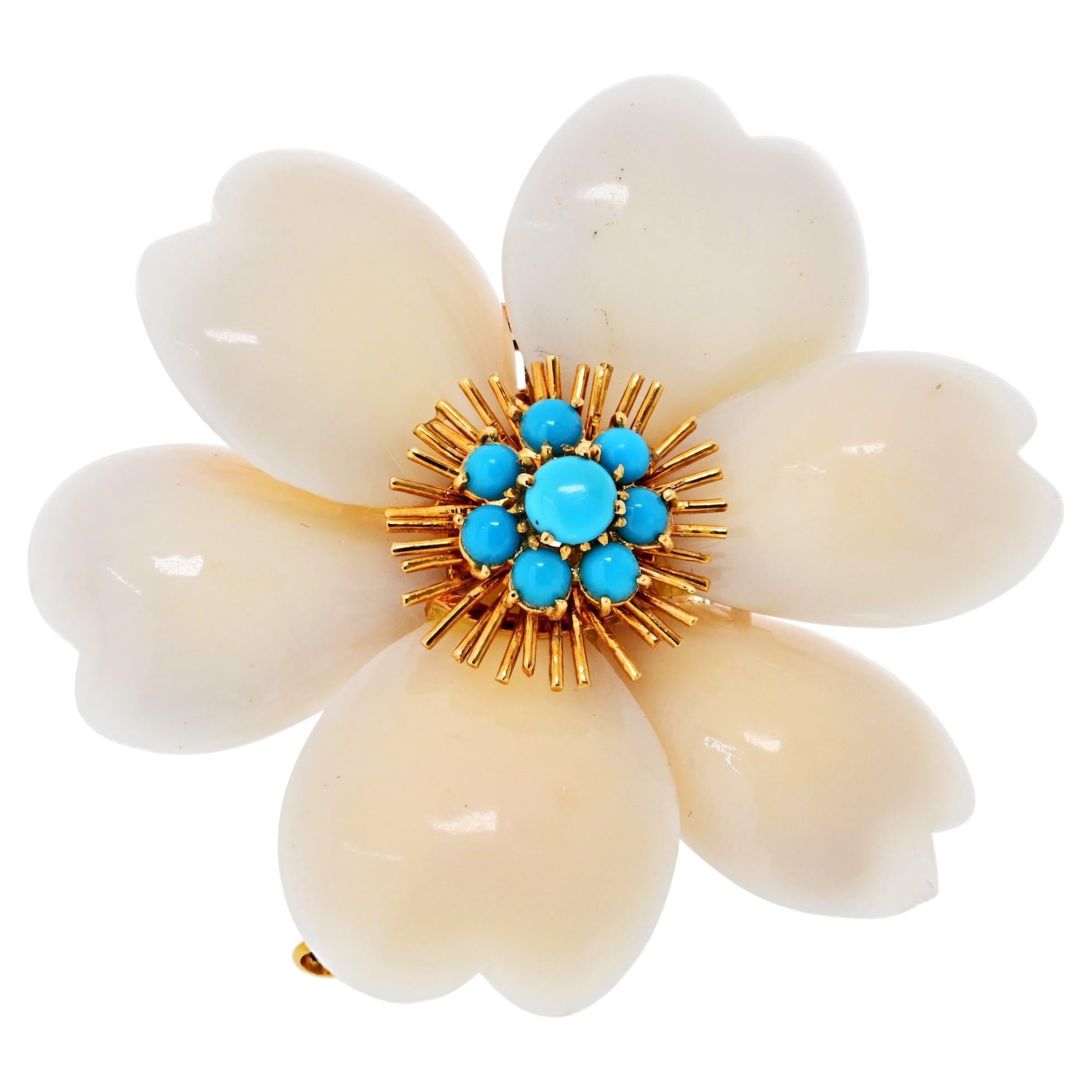 Van Cleef & Arpels Rose de Noël White Coral And Turquoise Brooch