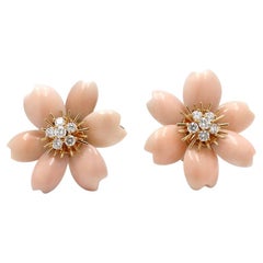 Van Cleef & Arpels "Rose de Noël" Yellow Gold Coral and Diamond Earrings