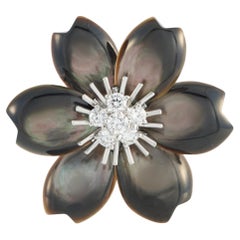 Van Cleef & Arpels Rose de Nol 18K White Gold 0.48ct Diamond, Pearl Brooch