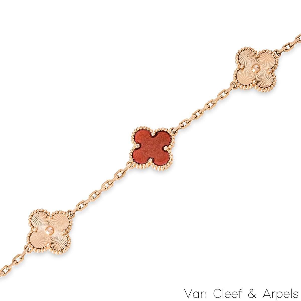 Uncut Van Cleef & Arpels Rose Gold Carnelian Guilloche Vintage Alhambra Bracelet