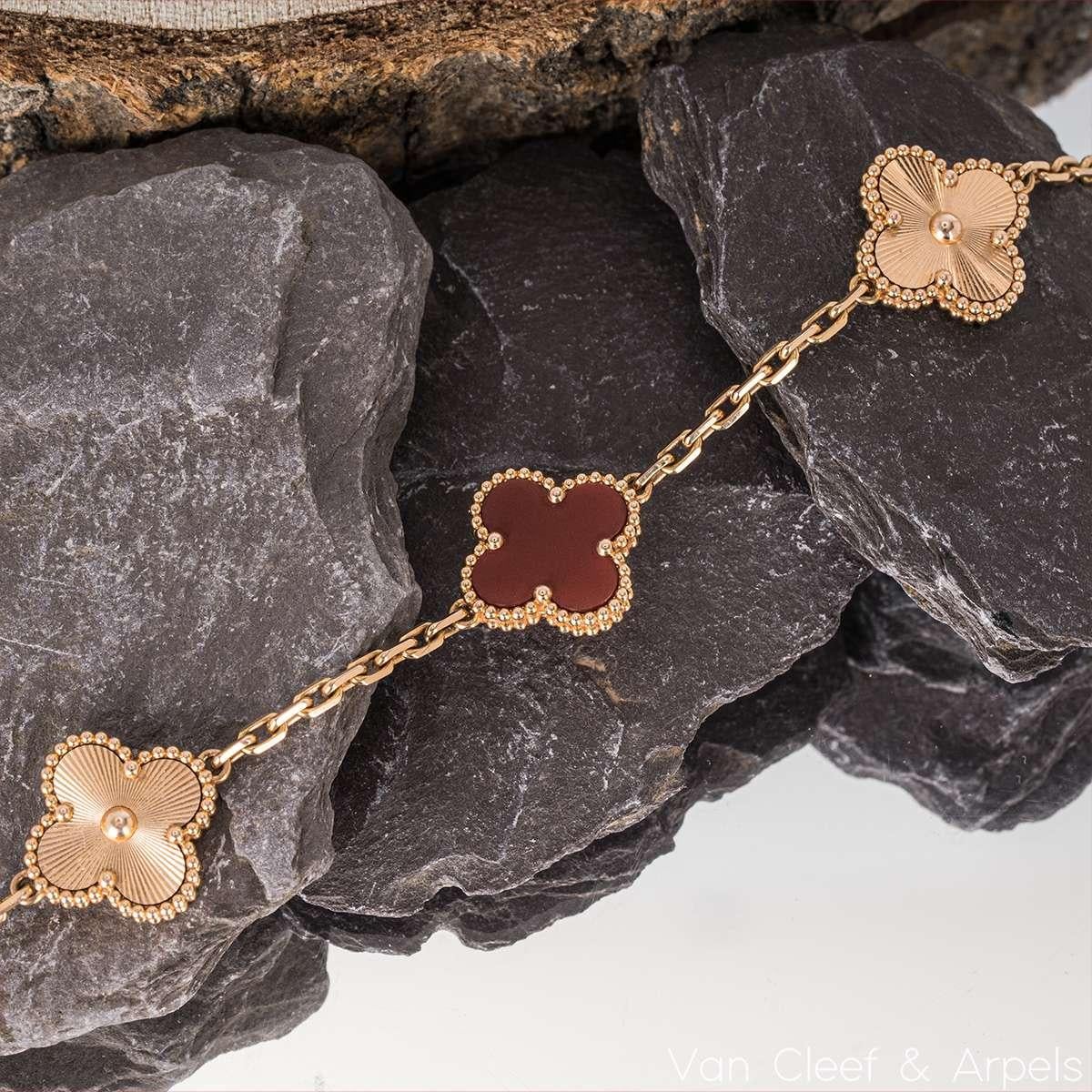 Women's Van Cleef & Arpels Rose Gold Carnelian Guilloche Vintage Alhambra Bracelet