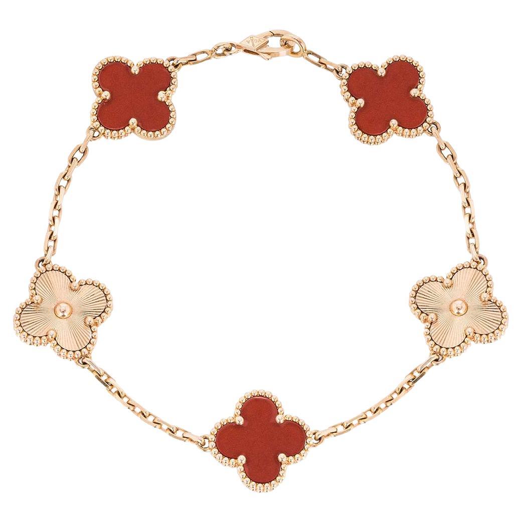 Van Cleef & Arpels Rose Gold Carnelian Guilloche Vintage Alhambra Bracelet VCARP