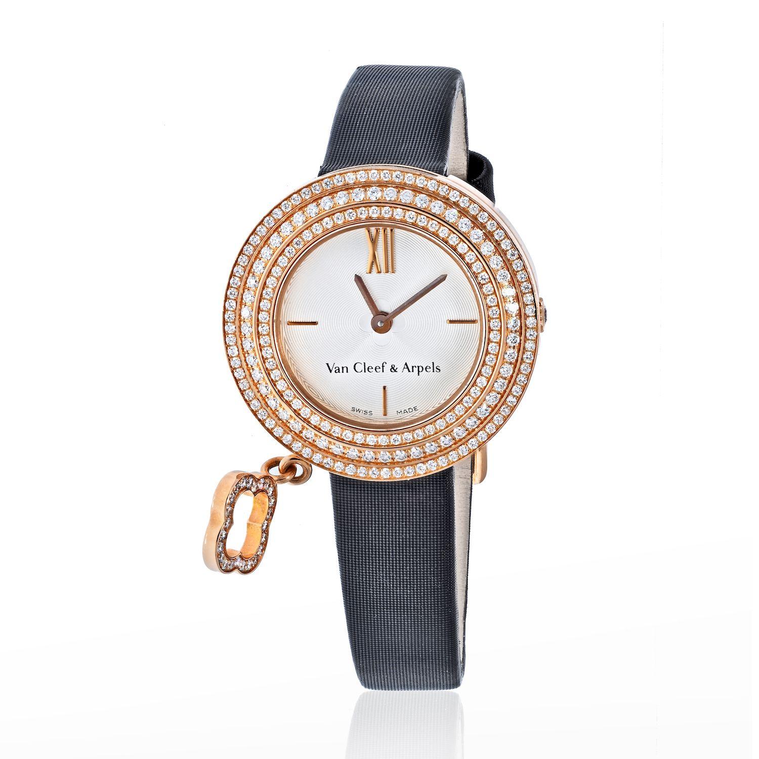 Modern Van Cleef & Arpels Rose Gold Diamond Charm Alhambra Round Dial Ladies Watch For Sale