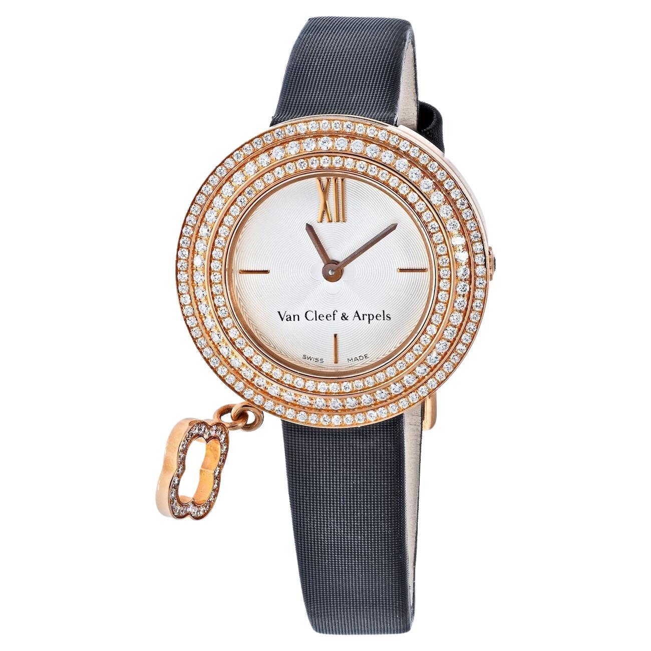 Van Cleef & Arpels Rose Gold Diamond Charm Alhambra Round Dial Ladies Watch For Sale