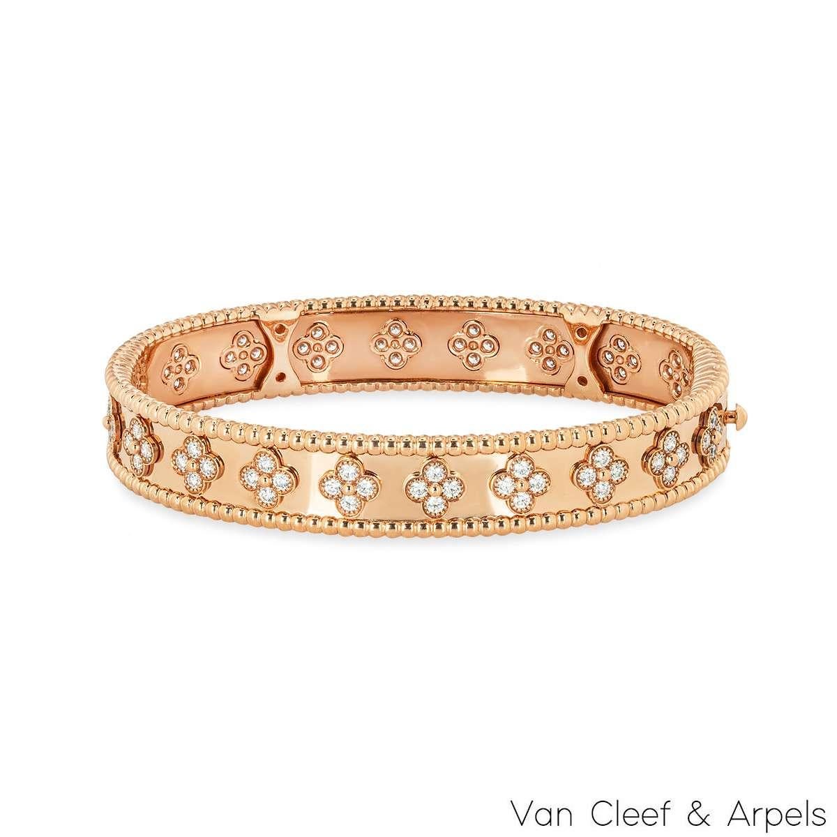 Round Cut Van Cleef & Arpels Rose Gold Diamond Perlée Clovers Bracelet VCARN5B200