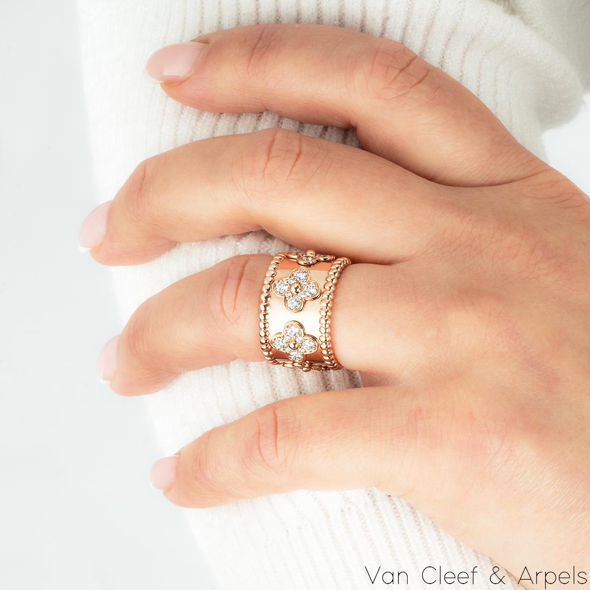 Women's or Men's Van Cleef & Arpels Rose Gold Diamond Perlee Clovers Medium Ring For Sale