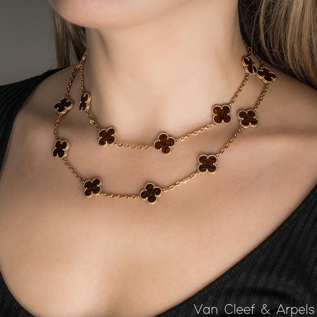 Van Cleef & Arpels Rose Gold Letterwood Vintage Alhambra 20 Motif Necklace In Excellent Condition In London, GB