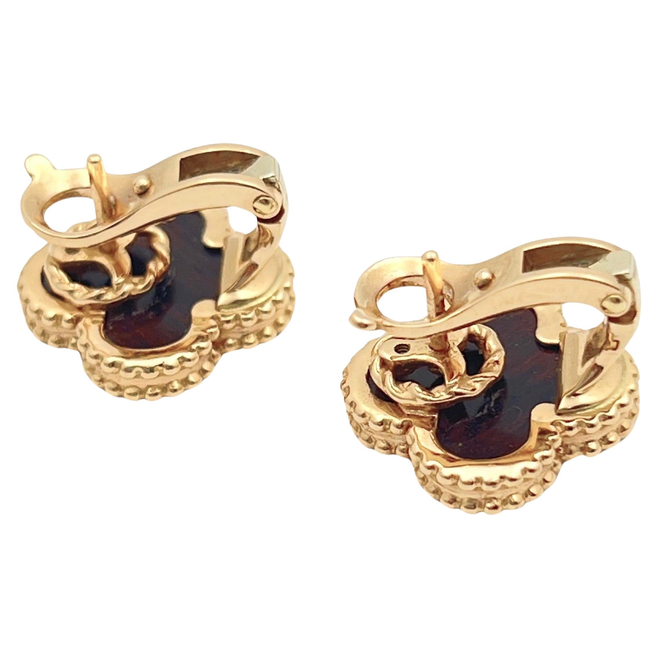 Van Cleef & Arpels Rose Gold Letterwood Vintage Alhambra Earrings In Excellent Condition In Palm Beach, FL