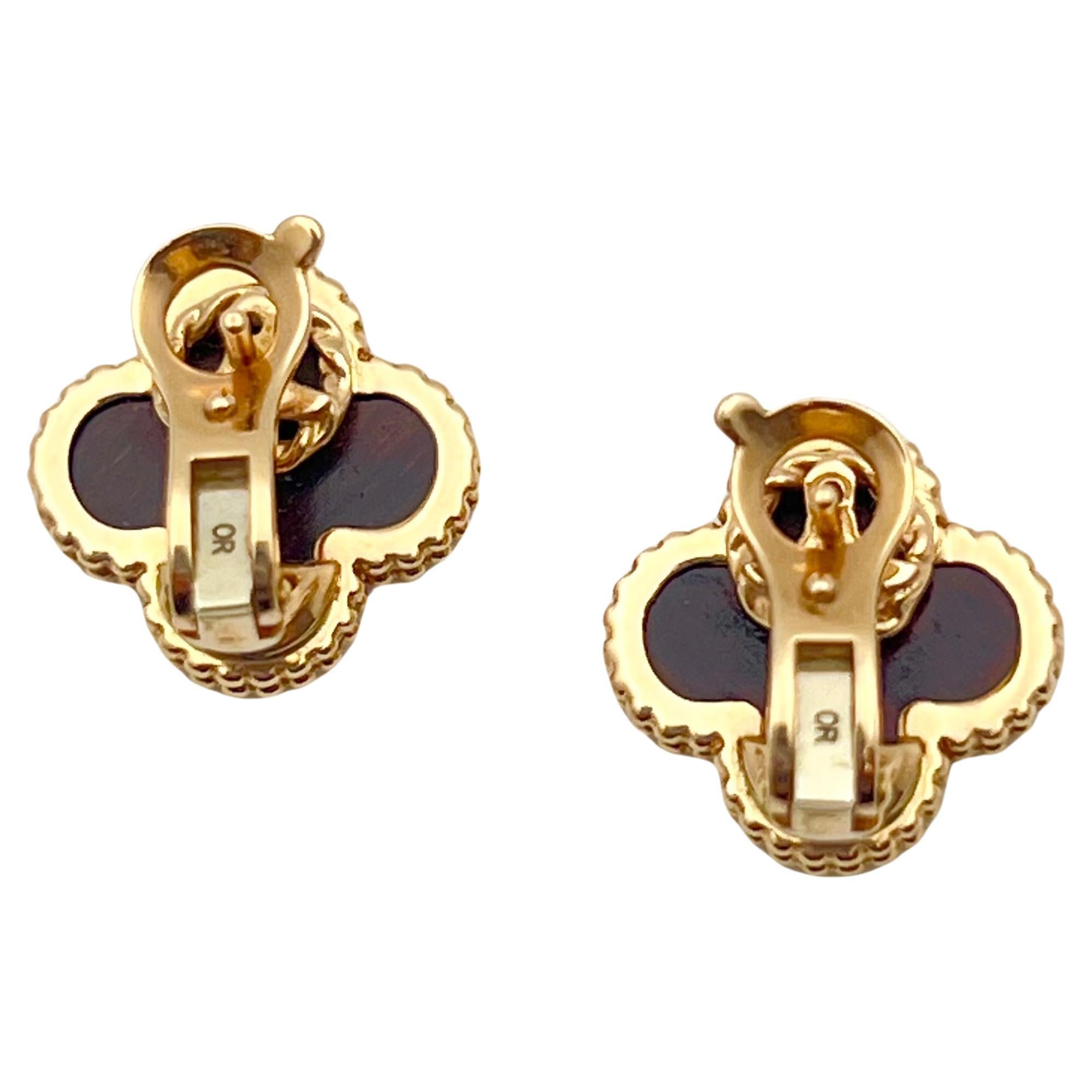 Van Cleef & Arpels Rose Gold Letterwood Vintage Alhambra Earrings In Excellent Condition In Palm Beach, FL