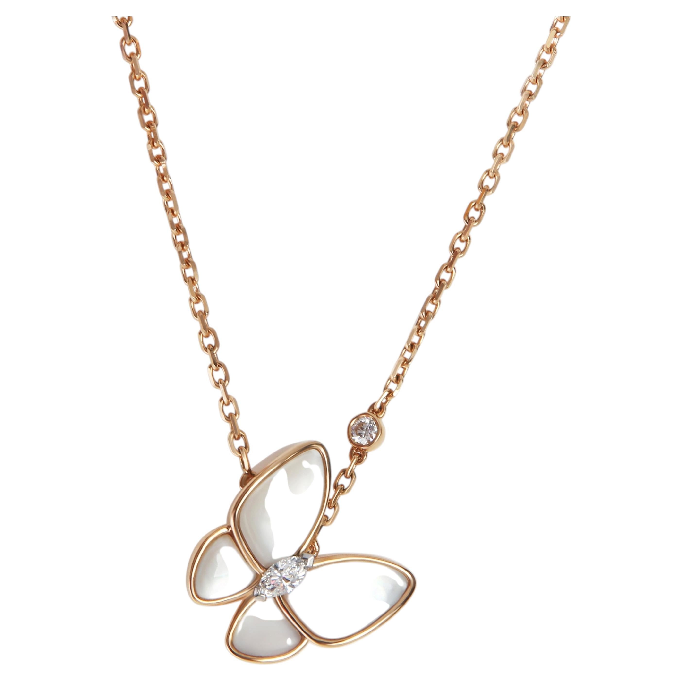Van Cleef & Arpels Rose Gold Mother Of Pearl and Diamond Two Butterfly Pendant For Sale