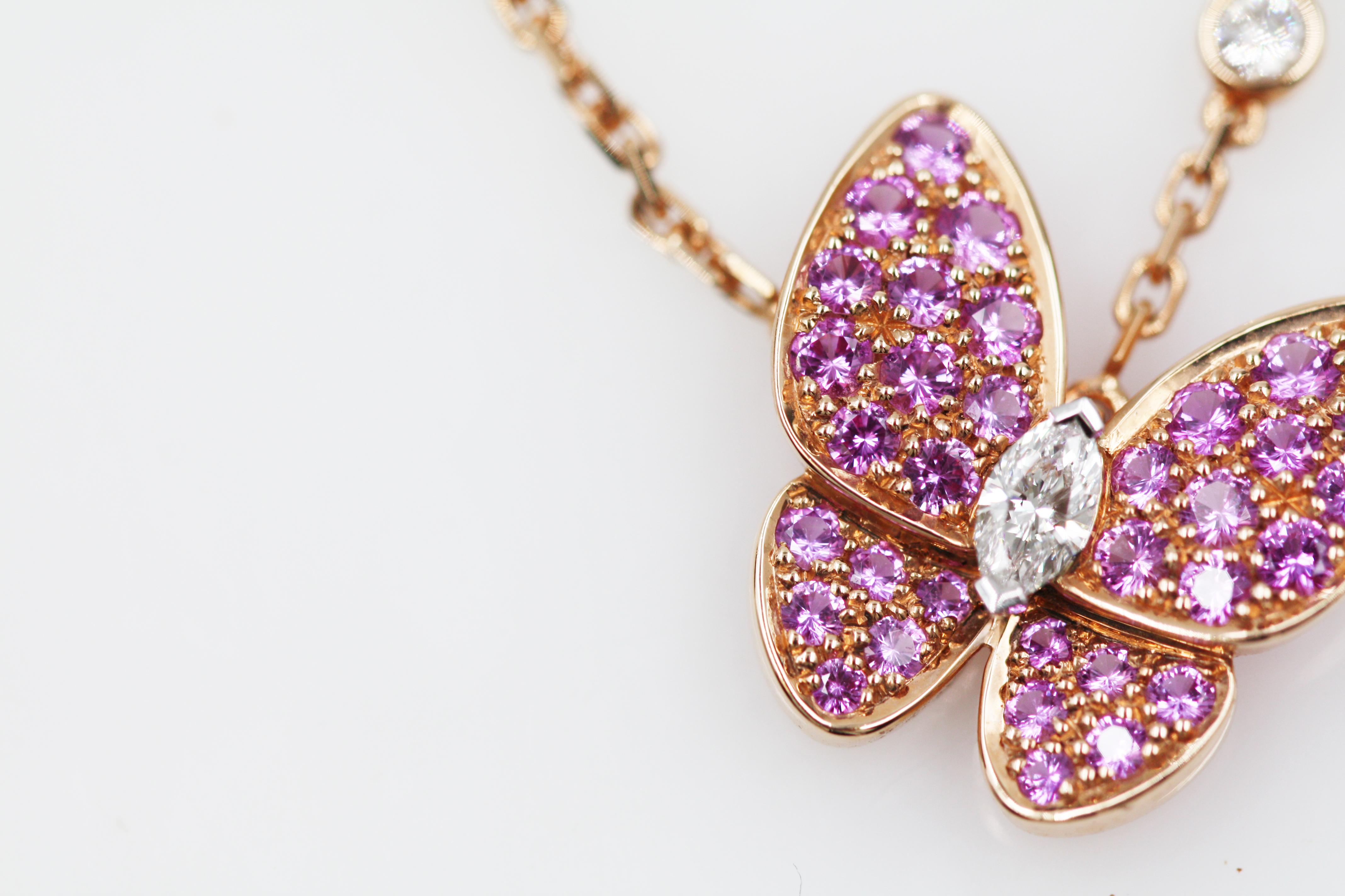 Van Cleef & Arpels Rose Gold Two Butterfly Pendant Diamond Sapphire Necklace In Excellent Condition For Sale In New York, NY