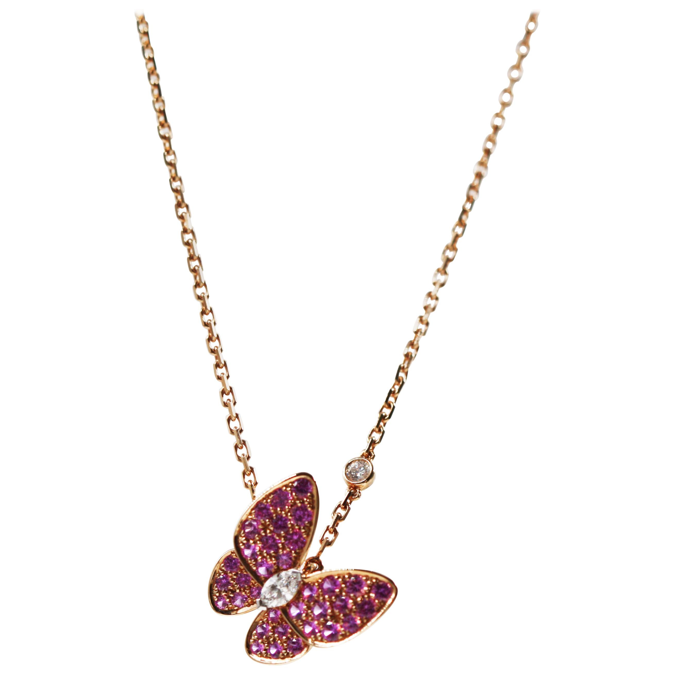 Van Cleef & Arpels Rose Gold Two Butterfly Pendant Diamond Sapphire Necklace For Sale